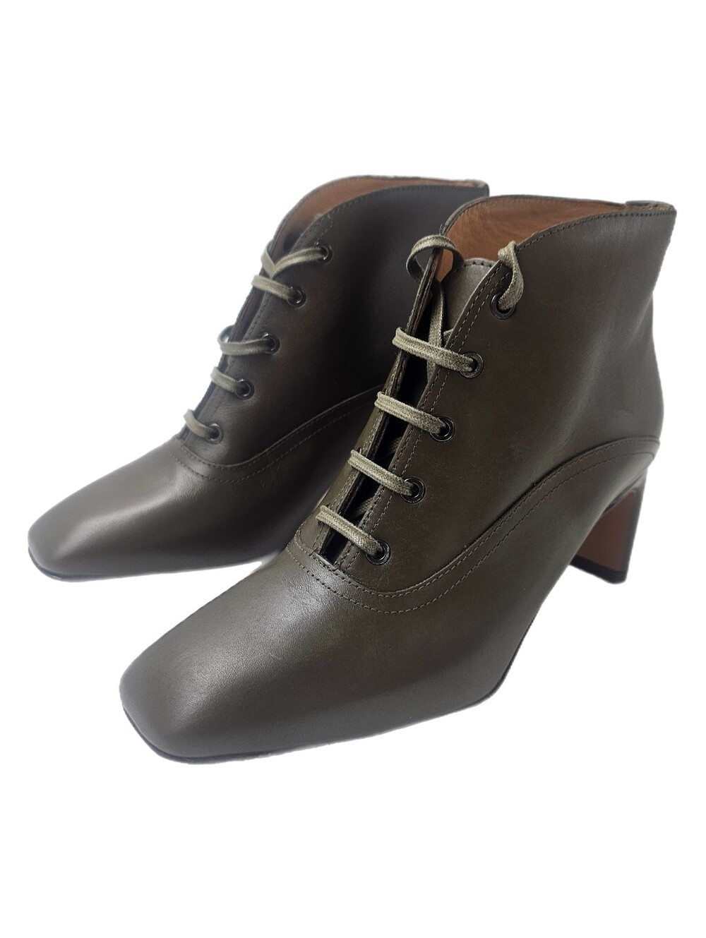 Labucq Jil Olive Green Leather Lace-Up Square Toe Ankle Boots Size 36 NWOB Italy